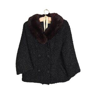 Vintage Black Persian Curly Lamb Fur Coat Mink Shawl Collar Satin Lining Size M